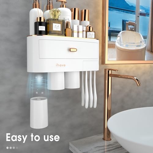 iHave Toothbrush Holders for Bathrooms, Wall Mounted Toothbrush Organizer | Elegant White & Gold Bathroom Decor: 3 Cups, 6 Slots, Large Tray & Drawer Wall Mount Toothbrush Organizer, No Drilling - size: 3 cup