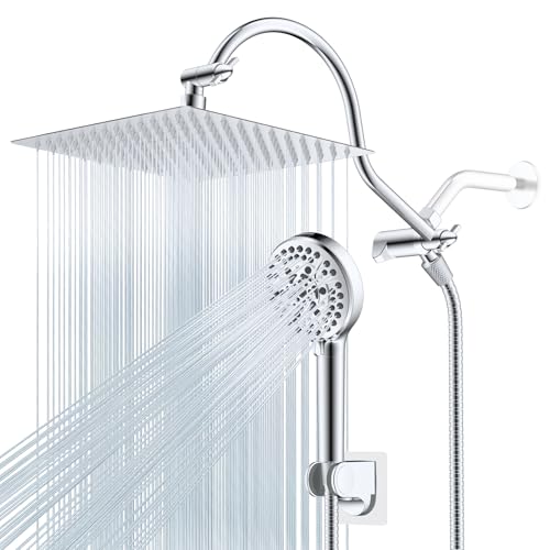 Hibbent 12'' All Metal CUPC Certified Shower Head, High Pressure Rainfall Shower Head, Handheld Showerhead Combo, 12'' Adjustable Shower Extension Arm, 10-Spray, 71'' Hose, Showerhead Holder, Chrome - color: Chrome, style: Square 12''