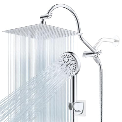 Hibbent 12'' All Metal CUPC Certified Shower Head, High Pressure Rainfall Shower Head, Handheld Showerhead Combo, 12'' Adjustable Shower Extension Arm, 10-Spray, 71'' Hose, Showerhead Holder, Chrome - color: Chrome, style: Square 12''