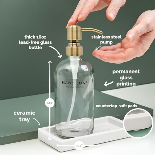 Vine Creations Glass Soap Dispenser Set, Kitchen Soap Dispenser Set with Ceramic Tray, 16 oz Dish Soap and Hand Soap Dispensers with Stainless Steel Pump Decor (Clear Bottle/Brushed Brass) - color: Clear Bottle / Brushed Brass Pump