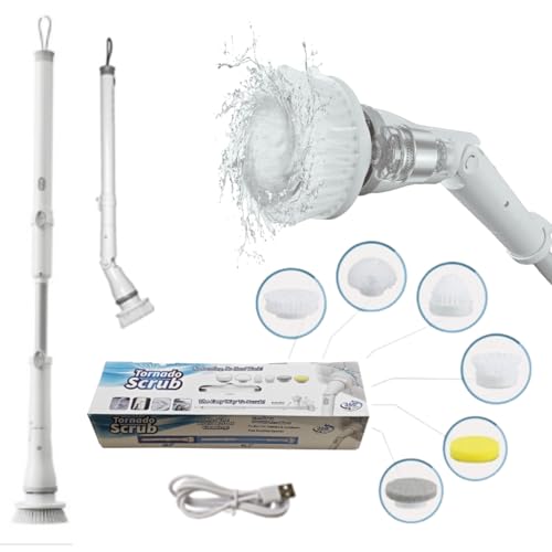 Electric Spin Scrubber - Cordless Cleaning Head with 6 Replaceable Brushes - 90° Rotatable - Ideal for Floor, Window, Cars - Ivory White
