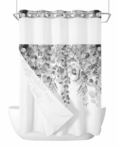 No Hook Shower Curtain and Snap in Liner Set, Gray Eucalyptus Fabric Bathroom Stall Shower Curtains 48x72, See Through Mesh Top Window, Spring Summer Botanical Floral Leaves Country Hotel Style - color: Grey, size: 48"W x 72"L (Pack of 1)