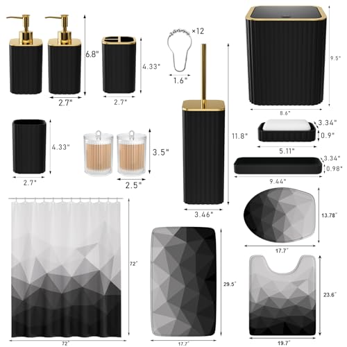 XLHOMO Bathroom Accessory Set - 26PC Bathroom Shower Curtain and Rug Set, Bathroom Accessories Set, Black Bathroom Set with Trash Can, Toilet Brush, Qtip Holder & Soap Dispenser - style: Black