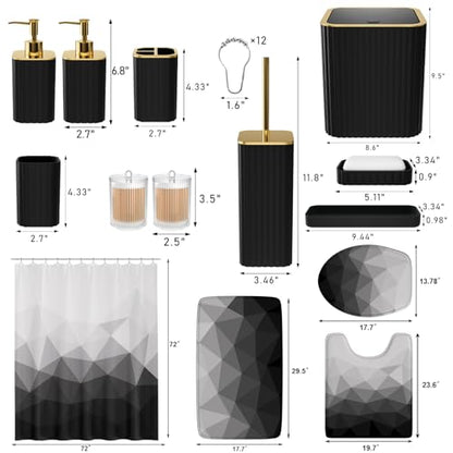 XLHOMO Bathroom Accessory Set - 26PC Bathroom Shower Curtain and Rug Set, Bathroom Accessories Set, Black Bathroom Set with Trash Can, Toilet Brush, Qtip Holder & Soap Dispenser - style: Black