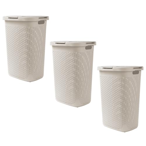 Mind Reader Slim Laundry Hamper with Lid, 60L Tall Clothes Baskets, Narrow Tapered Design for Bathrooms Closets and Laundry Rooms, Plastic, 3 Pack, Ivory - color: Ivory