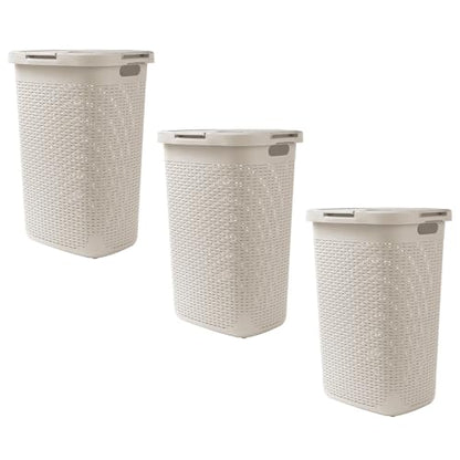 Mind Reader Slim Laundry Hamper with Lid, 60L Tall Clothes Baskets, Narrow Tapered Design for Bathrooms Closets and Laundry Rooms, Plastic, 3 Pack, Ivory - color: Ivory