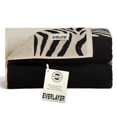 Everlayer Luxury Bath Towels, 2 Pack, 28 x 55 Inch, Made in Portugal | 500 GSM, 100% Combed Cotton, Utra-Soft & Plush, Reversible Design, Oeko-Tex Certified, Incl 2 Pcs Bath Towels, Black Border - color: Black Border, size: Bath Towel, style: 2 Pcs