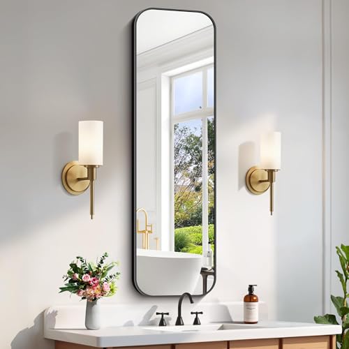 FORBATH Bathroom Mirror 55" x 16", Rectangle Black Bathroom Mirror with Black Aluminum Frame Rounded Corner, Wall Mounted Mirror for Bedroom Entryway Living Room - color: Black, size: 55"L x 16"W