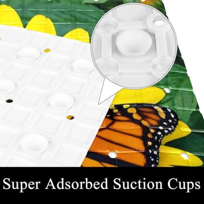 Shower Mat Non-Slip Bathtub Mats with Suction Cups and Drain Holes, Butterfly Sunflowers Design, Easy to Clean for Bathroom, 26.8x15.1In - color: Multi 7