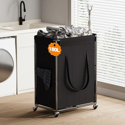 Homeiju 180L Large Laundry Hamper with Wheels, Rolling Laundry Basket with Metal Frame and Removable Bag Design, Dirty Clothes Laundry Cart for Bathroom, Dorm Room, Laundry Room, Black - color: Black