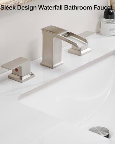 Waterfall Bathroom Faucet 3 Hole, Brushed Nickel 8 Inch 2 Handles | Lead-Free Brass, Widespread Style, Pop Up Drain, Pre-installed cUPC Water Hose, For Vanity Lavatory Modern, 10-Min Install - color: Brushed Nickel