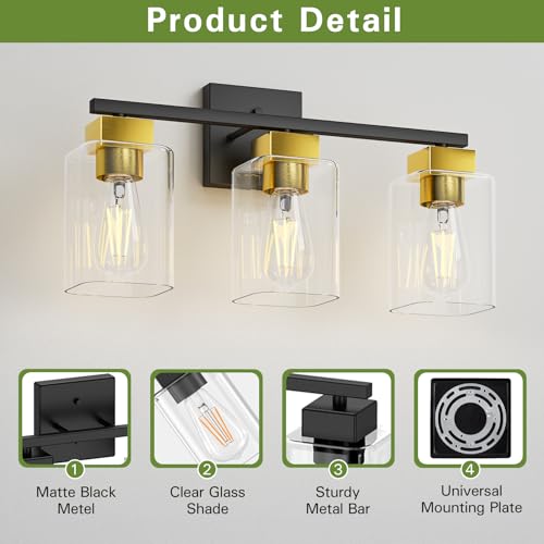 Black and Brushed Gold Bathroom Vanity Light, 3-Light Vanity Lighting fixtures Over Mirror, Square Design & UL Certification, Wall Sconces with Clear Glass Shades, E26 Socket (Bulbs Not Included) - color: Black and Brushed Gold, size: 3 Light