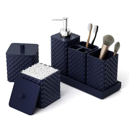 Bathroom Accessories Set Resin 6PCS, Square Toothbrush Holders Set Complete with Soap Dispenser, Vanity Tray, Tumbler, Cups and Cotton Swab Jars (Navy Diamond, Resin Bath 6 PCS) - color: Navy Diamond