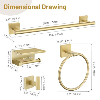 Lairuier Bathroom Hardware Set Brushed Gold, Towel Holder Set Wall Mounted | Bathroom Accessories Set, SUS304 Stainless Steel 23.6" Towel Bar, Toilet Paper Holder with Shelf, Towel Ring and Towel Hooks - color: Brushed Gold, size: 5 Pieces - With Shelf