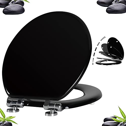 Angel Shield Round Toilet Seat Wood Molded UV Lid Soft Close | Quick Release Metal Hinges, Adjustable Fit for Standard Round Toilets, Easy Install&Clean(Black) - color: Black, size: Round
