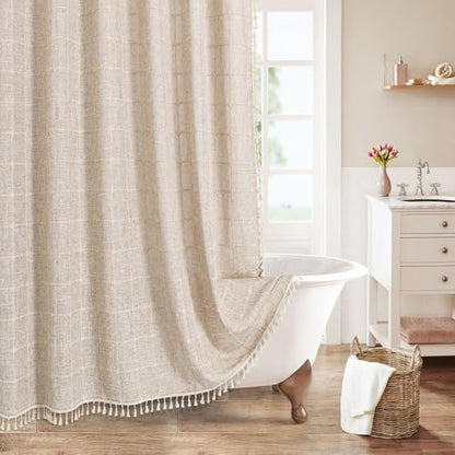 MitoVilla Boho Farmhouse Shower Curtain Set, Modern Boho Shower Curtains for Bathroom Decor, Tan Brown Polyester Linen Fabric Shower Curtain, Rustic Neutral Weave Cloth Shower Curtain, Taupe, 72 x 72 | 310GSM Linen Blend Heavy Duty Cloth,3-side Tassels,Wr