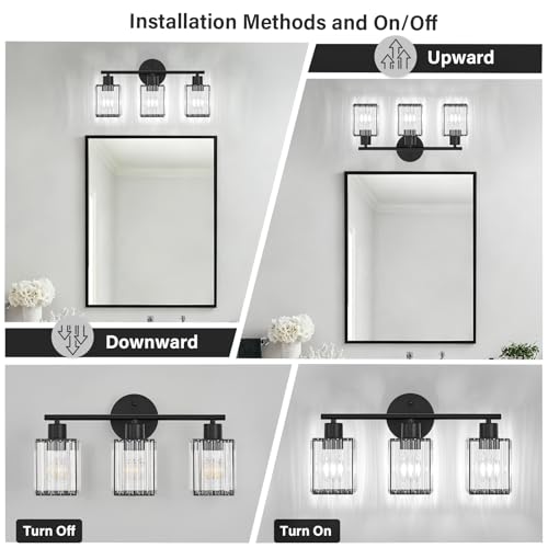 3 Light Bathroom Light Fixtures, Modern Crystal Vanity Lights over Mirror | Metal Frame, Bathroom Light with Square Crystal Shade, ETL Certified, E26 Ceramic Socket, Bulbs Not Included - color: Black, size: 3-Light
