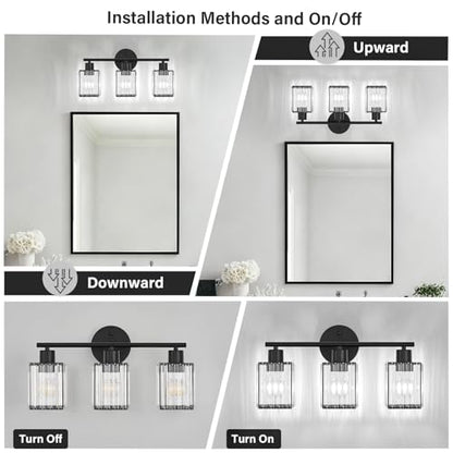 3 Light Bathroom Light Fixtures, Modern Crystal Vanity Lights over Mirror | Metal Frame, Bathroom Light with Square Crystal Shade, ETL Certified, E26 Ceramic Socket, Bulbs Not Included - color: Black, size: 3-Light