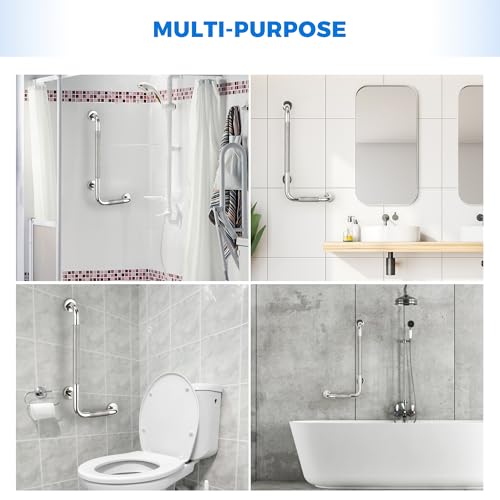 L-Shaped Grab Bars for Shower, 1 Pack, 24 x 12 Inch Stainless Steel, Left | Grab Bars for Bathroom; Diamond-Knurled Anti-Slip Grip; Wall-Mounted Safety Rail for Seniors; Mounting Hardware Included - size: Left