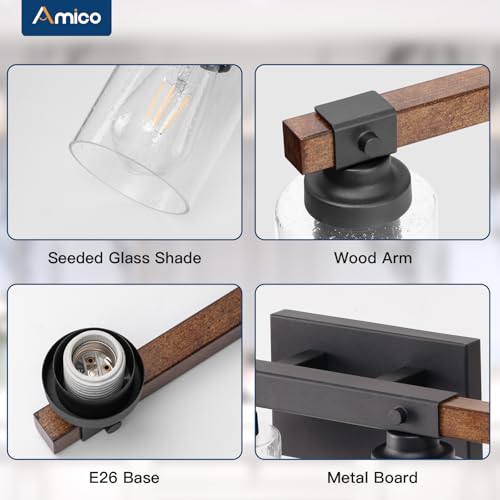 Amico 5-Light Farmhouse Bathroom Vanity Light, Seeded Glass, Black & Wood | Bubble Glass Shade Wall Sconce, Over Mirror Lighting for Bathroom, Bedroom, Living Room, Hallway, Powder Room, Entryway - size: 5-Light