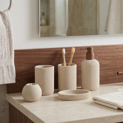 Bathroom Accessories Set, 5 PCS Modern Bath Organizer, Beige | Sandstone Look, Stripe,13.53 OZ Soap Dispenser,Toothbrush Holder,Tumbler,Soap Dish,Candle Holder for Countertop Kitchen Sink - color: Beige