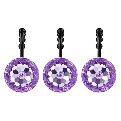 Sunlit Luxury Design Round Purple Diamond Crystal Gem Bling with Glide Balls Shower Curtain Hooks, Rust Proof Metal Rhinestones Glam Shower Curtain Rings with Black Hooks, Set of 12 - color: Purple With Black Hooks