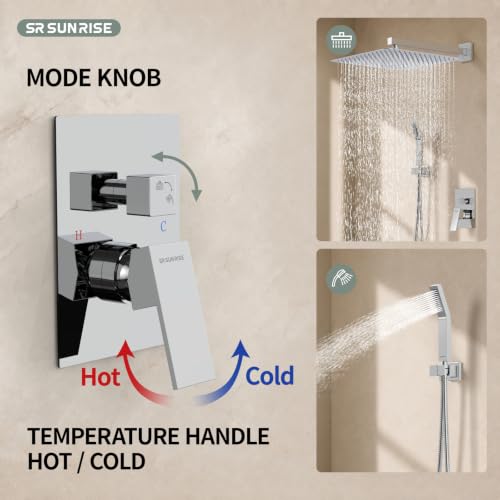 SR SUN RISE Polished Chrome Square Rainfall Shower Head and Handle Set, Wall Mounted Shower Fixtures, Metal Shower Faucet Trim Repair Kits (With Shower Valve) 16 Inches - color: Polished Chrome, size: 16 Inch