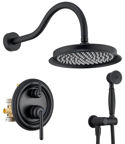 Rainfall Shower System Shower Faucet Set, Luxury, Antique, Matte Black | 9 Inch Shower Head and Handheld Spray, Pressure Balance Valve, Wall Mounted, Bathroom, Shower Trim Kit - color: Matte Black, style: With Handheld