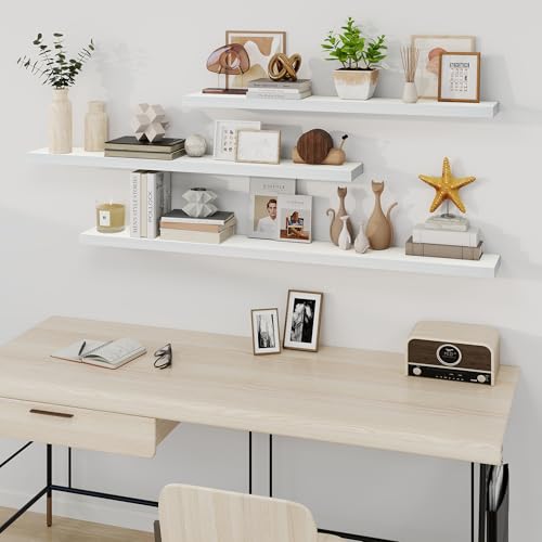 Fun Memories 66 Inch Fireplace Mantel - Long Floating Shelf, Wall Mounted Farmhouse Display with Invisible Heavy Duty Metal Bracket, White, 2 Pack - color: White, size: 67"W x 6.5"D
