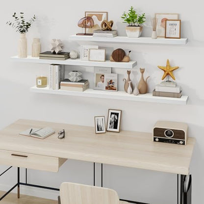 Fun Memories 66 Inch Fireplace Mantel - Long Floating Shelf, Wall Mounted Farmhouse Display with Invisible Heavy Duty Metal Bracket, White, 2 Pack - color: White, size: 67"W x 6.5"D