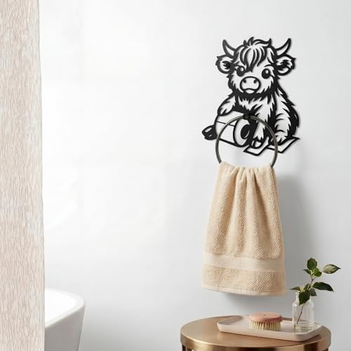 Pelopy Highland Cow Towel Holder Ring for Bathroom Cute Metal Cow Towel Hanger Wall Mounted Farmhouse Heavy Duty Hand Cloth Holder Round Washcloth Racks for Bathroom Kitchen Home Decor Gift - style: Highland Cow