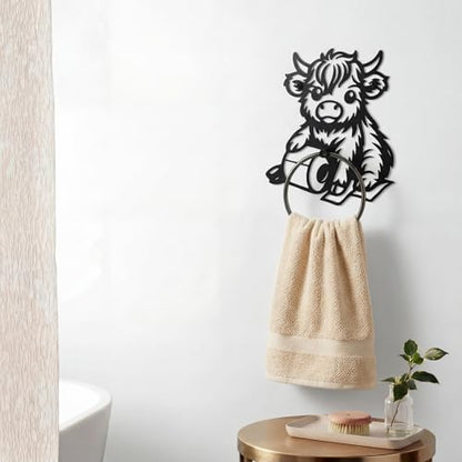 Pelopy Highland Cow Towel Holder Ring for Bathroom Cute Metal Cow Towel Hanger Wall Mounted Farmhouse Heavy Duty Hand Cloth Holder Round Washcloth Racks for Bathroom Kitchen Home Decor Gift - style: Highland Cow