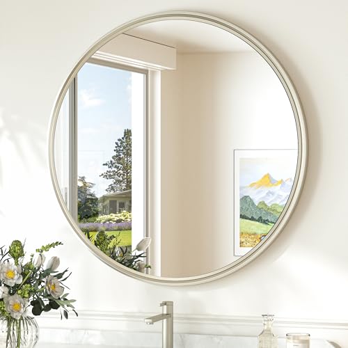 24 Inch Circle Bathroom Mirror Brushed Nickel, Tempered Round Wall Mirror, Shatterproof 24x24 Hanging Wall Mirrored Farmhouse for Bedroom, Entryway, Restroom, Vanity, Living Room - size: 24"L x 24"W