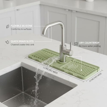 Silicone Faucet Splash Guard Mat，13 x 3.35 Inches | For Kitchen & Bathroom Sinks,Flexible Drainage Tray Design,Helps Keep Sink Area Dry,Easy to Use and Clean - color: Green
