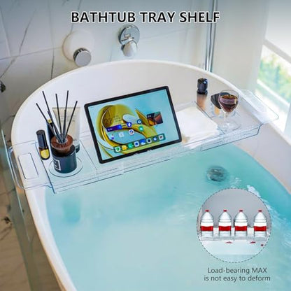 Adjustable Bathtub Tray (22-31 Inch) - Clear Acrylic Bath Caddy with Non-Slip Pads, Expandable Spa Organizer for Drinks, Books & Phone, Ideal Gift for Housewarming or Anniversary