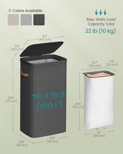 SONGMICS Laundry Basket, 26.4 Gal. Laundry Hamper, Easy Assembly, with Lid and Handles, Removable Liner, 16.5 x 12.6 x 29.5 Inches, Ink Black ULCB811BH01 - color: Ink Black, size: 100 L (1-Section)