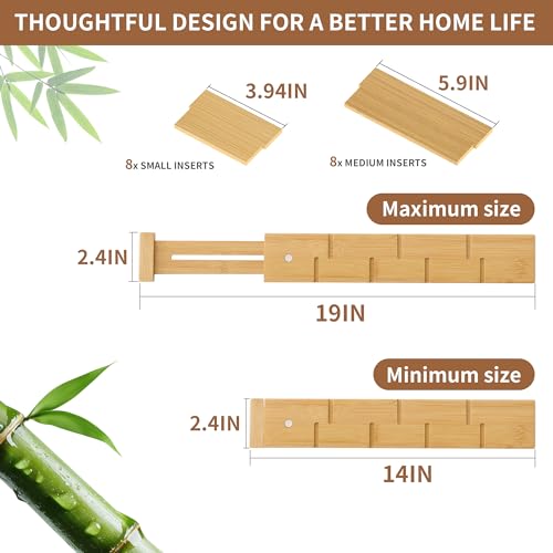 Bamboo Drawer Dividers with Inserts kitchen drawer organizer Adjustable Expandable 8 Pack Organizer Set for Kitchen Bedroom Bathroom Office 8 Dividers with 16 Inserts (Natural, Small (14-19IN))