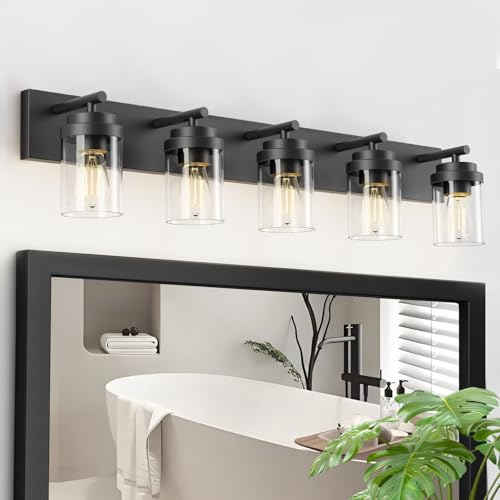 IZORRO Bathroom Vanity Light Fixture, 5-Light 36 Inch Matte Black Bathroom Light Fixtures Over Mirror, with Clear Glass Shade, Modern Farmhouse Vanity Lights, Rustic Restroom Lighting Fixtures - color: Black-Clear Glass Shade, size: 36 inch-5-Light
