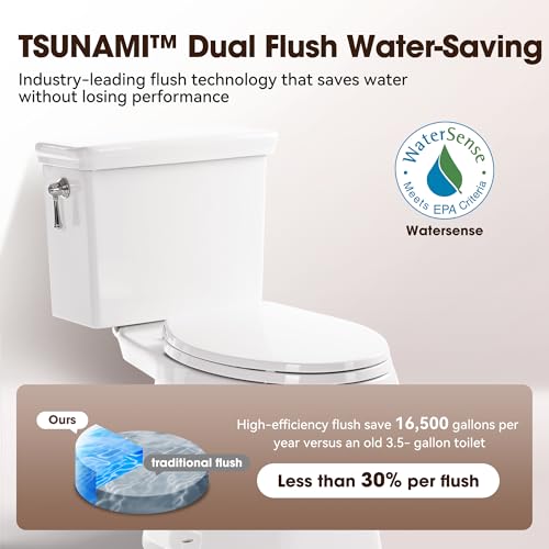 17.3” Elongated Toilet with Soft Close Seat, Two piece Toilets for Bathroom | Nano Self-Cleaning Glaze, 1.27 GPF, Watersensed/ADA/MAP1000/cUPC, Easy to Clean & Install, 12" Rough-In - color: TPT003 - 1.27 GPF Classical with single flush