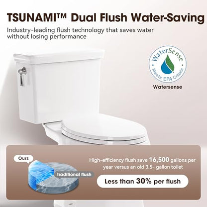 17.3” Elongated Toilet with Soft Close Seat, Two piece Toilets for Bathroom | Nano Self-Cleaning Glaze, 1.27 GPF, Watersensed/ADA/MAP1000/cUPC, Easy to Clean & Install, 12" Rough-In - color: TPT003 - 1.27 GPF Classical with single flush