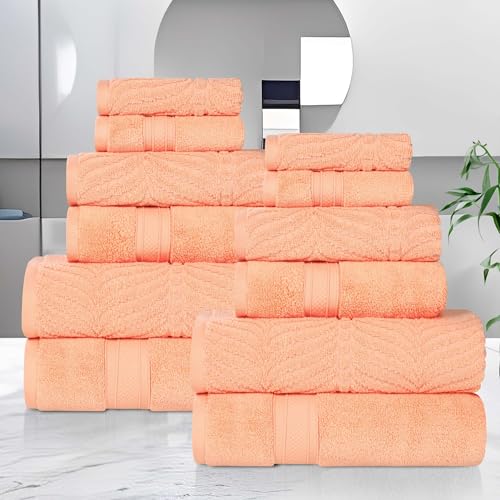 SUPERIOR Cotton Chevron 12-Piece Towel Set, Zero Twist, Quick Dry, Home Essentials, Shower, Spa, Luxury Plush Soft Absorbent Towels, Includes 4 Bath, 4 Hand, 4 Washcloth/Face Towels, Peach - color: Peach, size: 12 Piece Towel Set (Solid + Jacquard)