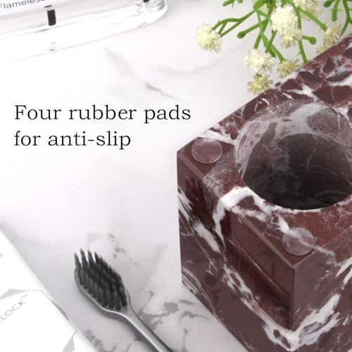 Natural Marble Toothbrush Holder, Rosso Lepanto, 3 Slots | Large Bathroom Organizer Countertop, Ventilation Design, Stone Toothbrush and Toothpaste Stand, Non-Slip Silicone Pads - color: Rosso Lepanto, size: 3 Slots