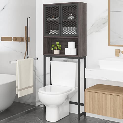 Launica 65 Inch Over The Toilet Storage Cabinet Wood and Metal Dark Gray | Over Toilet Bathroom Organizer with Mesh Doors and Shelves Freestanding Bathroom Storage Cabinet Above Toilet - color: Dark Gray Oak