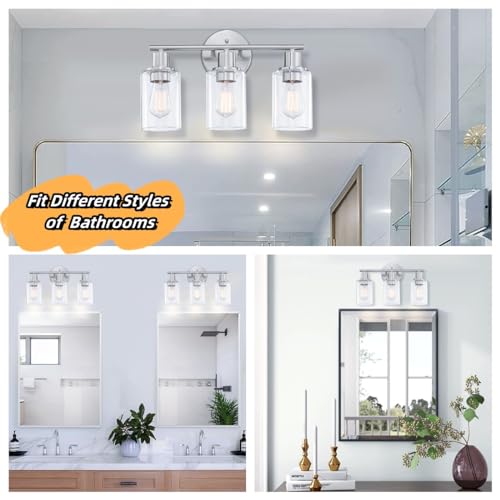 WISBEAM Brushed Nickel Bathroom Vanity Light, 3 Light Bathroom Light Fixtures Over Mirro with Clear Glass Shade Including E26 Medium Base, Bulb NOT Included - color: Silver, size: VNT004