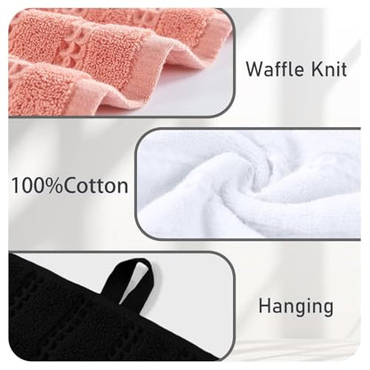 VOOVA & MOVAS Hand Towels 4PC,13"x30", 100% Cotton,White & Black | Waffle Weave Fabric, Soft Lightweight & Absorbing, Quick Dry & Non-fading, Unshrinkable - color: Black + White