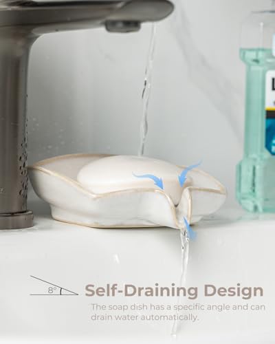 Zoeeker Self Draining Soap Dish, Ceramic Soap Holder with Waterfall Design | Shower Bar Soap Holder with Drainage Soap Saver for Shower, Bathroom, Sink, Kitchen and Countertop, Keep Dry, Beige White - color: Beige White, size: Rectangular