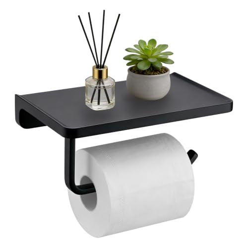 TRUSTMI Toilet Paper Holder with Shelf & Phone Stand, Matte Black | Solid zinc alloy holder holds 15 lbs and fits jumbo rolls. Shelf stores phones and wipes for easy bathroom organization. - color: Matte Black, size: 7.1" x 4.3"