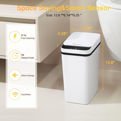 Bathroom Trash Can Automatic Touchless 2.6 Gallon Small Smart Trash Cans with Lid Slim Garbage Can for Kitchen, Toilet, Bedroom, RV, Living Room - color: White Battery, size: 2.6 Gallons