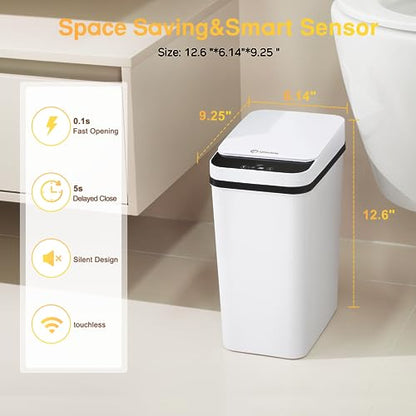 Bathroom Trash Can Automatic Touchless 2.6 Gallon Small Smart Trash Cans with Lid Slim Garbage Can for Kitchen, Toilet, Bedroom, RV, Living Room - color: White Battery, size: 2.6 Gallons