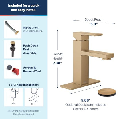 Moen Revyl Bronzed Gold One-Handle Single Hole Modern Bathroom Sink Faucet with Optional Deckplate and Spring Loaded Drain Assembly, 84771BZG - color: Bronzed Gold